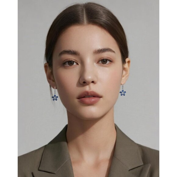 925 Sterling Silver Blue Sapphire Flower Earrings for Women, Hypoallergenic Birt - Picture 3 of 8